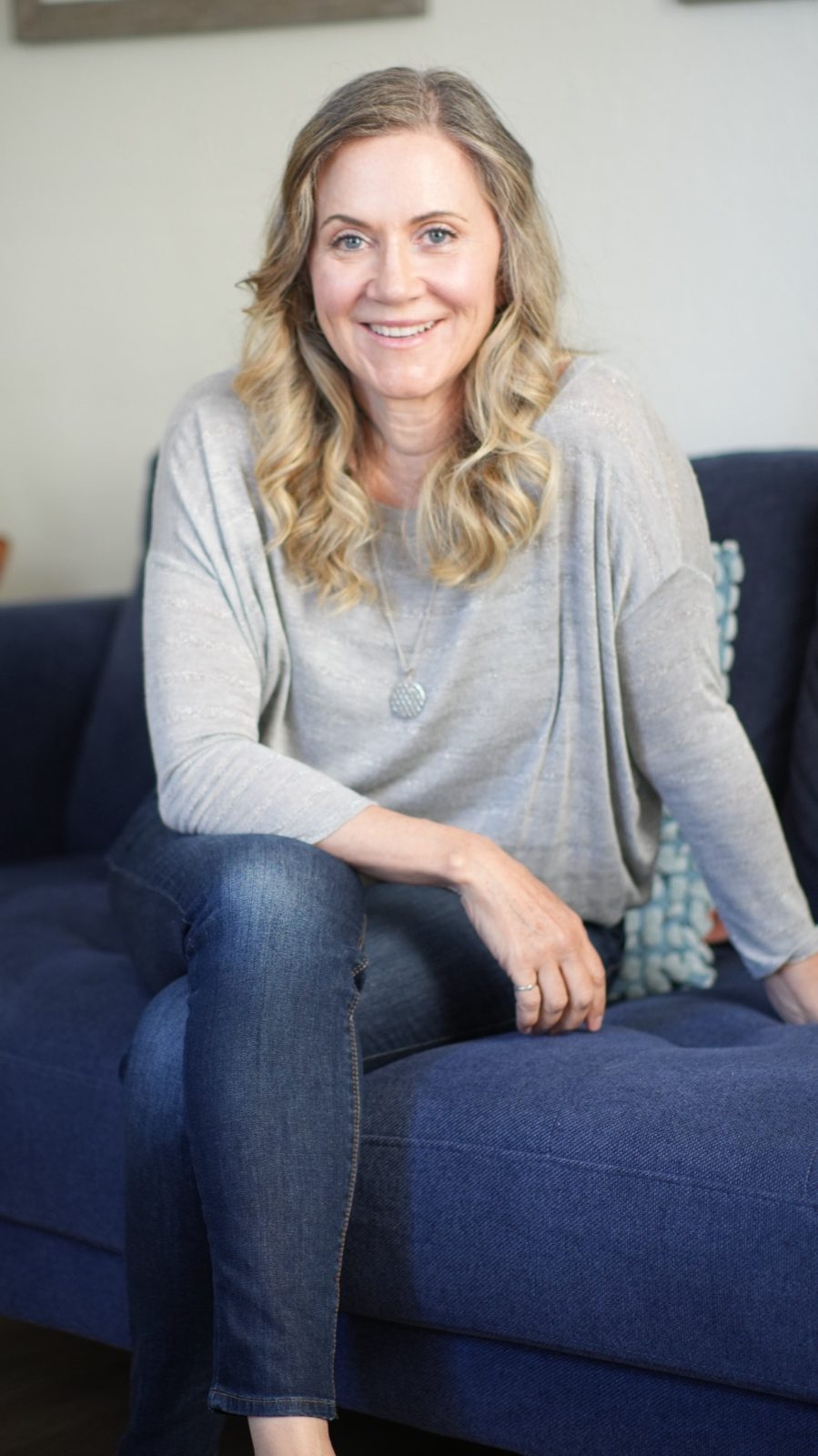Erin on the office couch