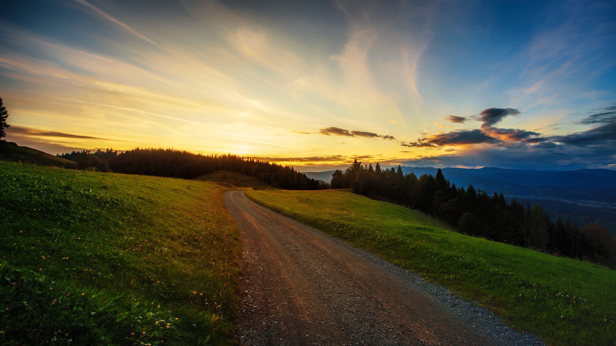 A gravel road winding through green hills toward a golden sunset